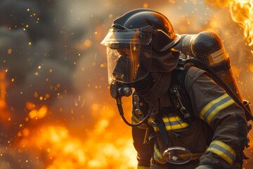 Heroic firefighter saves the day by extinguishing a blazing inferno in full gear - obrazy, fototapety, plakaty