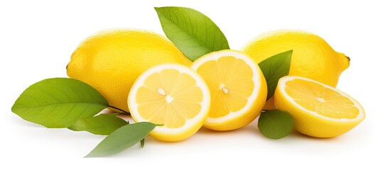 Three lemons and two lemon slices with leaves