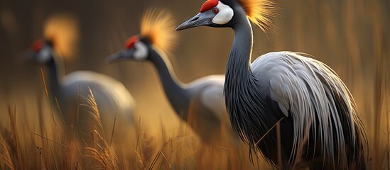 Naklejka premium Two birds in tall grass, Grey Crowned Crane Family Gruidae