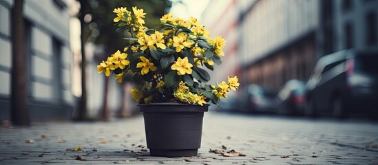 Potted plant with yellow blooms by a pathway