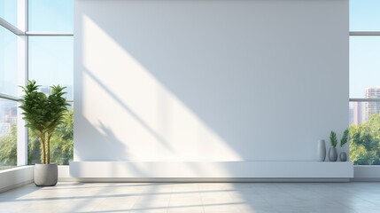Empty walls in a bright office mockup with sunlight rays. 3D rendering