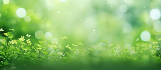 Obraz premium Sunlight filtering through green leaves on grass with flowers