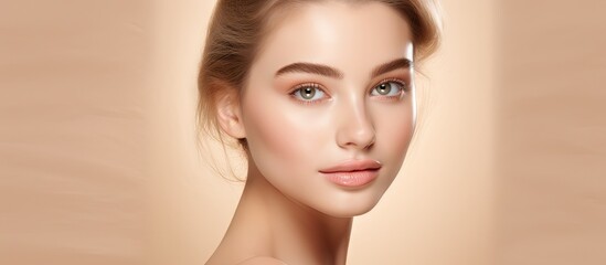 Beautiful woman with flawless complexion on neutral background - obrazy, fototapety, plakaty