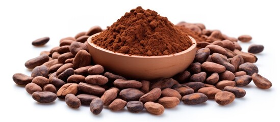 Cocoa beans and cocoa powder on white background