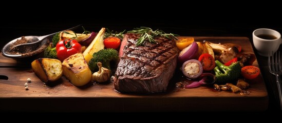 A steak and vegetables on a cutting board