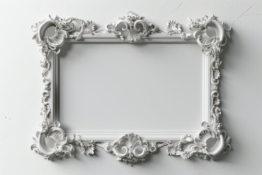 Whimsical 3D Rendering of Elegant White Baroque Frame on Surreal White Background - Perfect for Text or Photo Inserts!