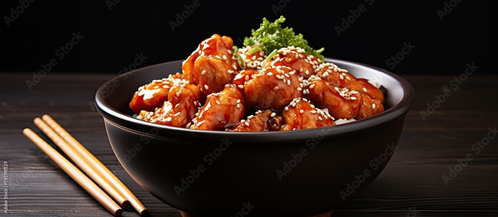 Poster A bowl of sesame chicken with chopsticks on a table