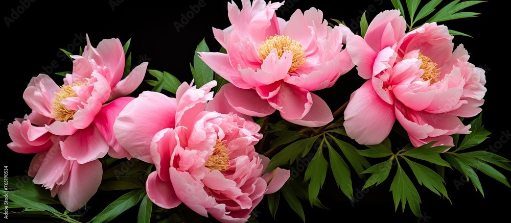 Poster Pink flowers in a vase on black background