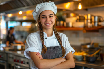 Smiling young female chef in apron and chef's hat, arms crossed, in restaurant kitchen