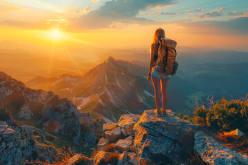 Adventurous woman embracing nature's beauty on a cliff at sunset in the summer mountains with...