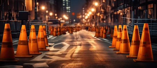 Fotobehang Maintenance signs detour traffic on busy lane with orange cones © Ilgun