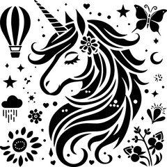 Magic unicorn silhouette. Fantasy creature unicorn silhouette design. Vector illustration for print, banner, poster.