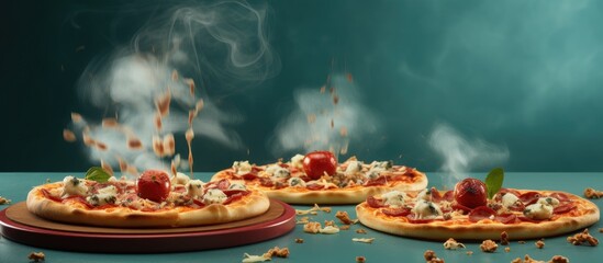 Two pizzas with abundant sauce on a plate - obrazy, fototapety, plakaty