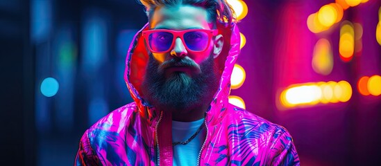 Man with beard wearing sunglasses in vibrant jacket - obrazy, fototapety, plakaty