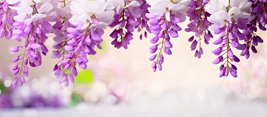 Purple and white flowers hanging from branch in garden