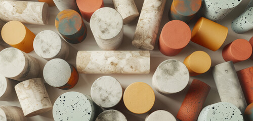 A colourful array of marbled cylinders with various textures and pastel tones. - obrazy, fototapety, plakaty