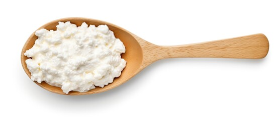 Close-up of cottage cheese in a wooden spoon - obrazy, fototapety, plakaty