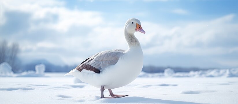 White duck in snow on sunny day - Powered by Adobe