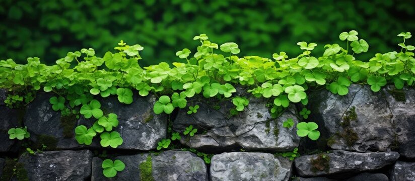 A stone wall covered with lush green vegetation