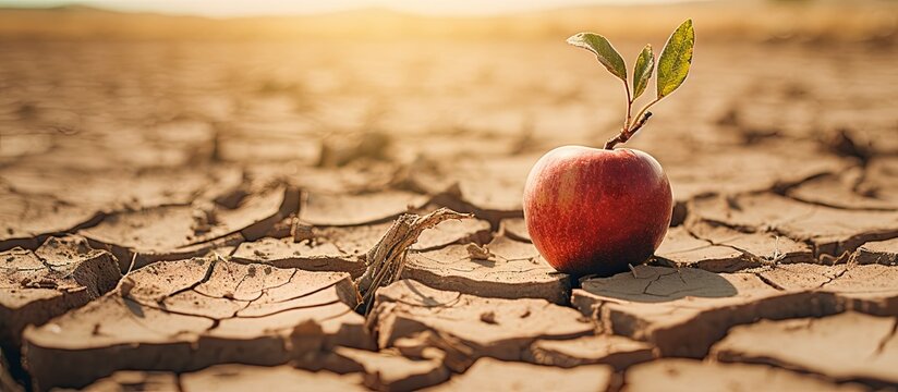 An apple rests on dry desert soil