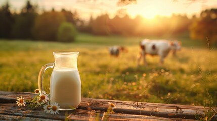 Milk jug on a wooden table at sunset with cows grazing in the background - obrazy, fototapety, plakaty