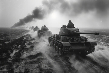 Marching Towards Victory: Vintage WW2 Battlefield Photography of Advancing Tanks and Artillery in Black and White - obrazy, fototapety, plakaty