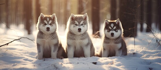 Three husky dogs sitting amidst snowy forest