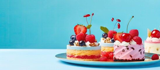 Three assorted cakes displayed on a blue platter