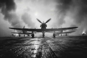 Fototapeta premium Westward Bound: Capturing the Spirit of WWII in Black and White War Photography at an Airfield