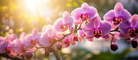 Purple orchids blooming under sunlight