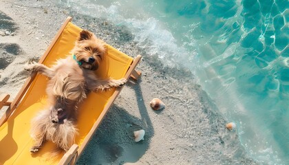 Puppy taking a break at the beach. Concept: Vacation, traveling pets

