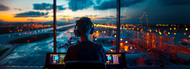 Flight Control: Inside the Airport Tower with Air Traffic Controllers and Navigation Screens - obrazy, fototapety, plakaty