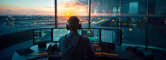 Airport Tower Communication: Air Traffic Controllers in Action with Navigation Screens and Departure Data - obrazy, fototapety, plakaty