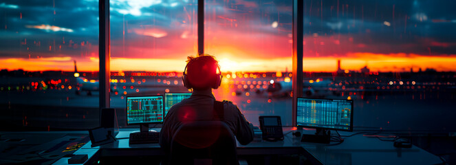 Sky High Communication: Inside the Airport Tower of Air Traffic Controllers - obrazy, fototapety, plakaty
