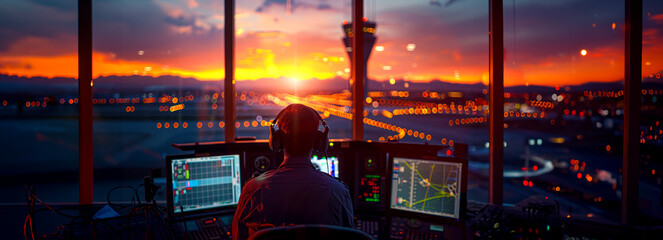Sky High Operations: Air Traffic Controllers in Action at Airport Tower with Navigation Screens and Departure Data