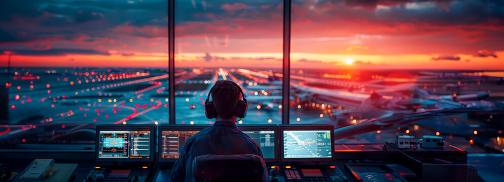 Sky High Operations: Air Traffic Controllers in Action at Airport Tower with Navigation Screens and Panoramic Views