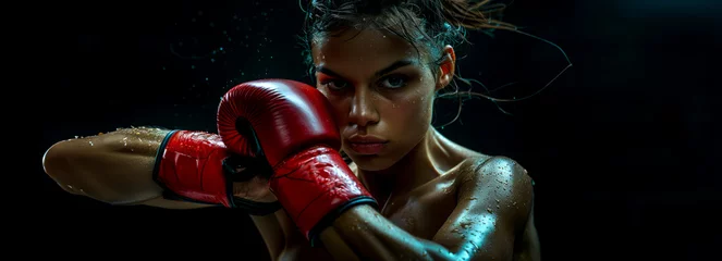 Foto op Plexiglas Female Kickboxer in Athletic Attire and Red Gloves Demonstrating Martial Arts Kick on Dark Background. Fitness Training, Sport Exercise. © Fernando Cortés