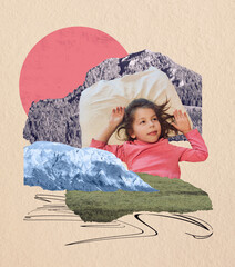 Little dreaming girl lying on the abstract mountains. Art surreal fantasy collage - concept of travel, dreams