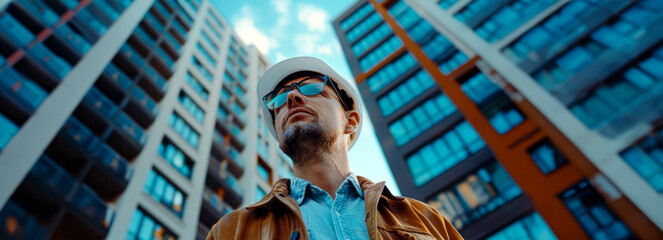 Professional male architect inspecting new construction site in hardhat. - obrazy, fototapety, plakaty