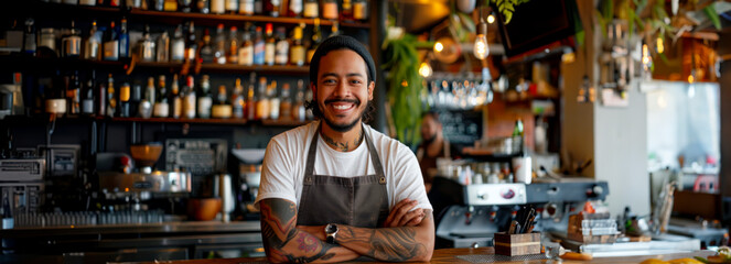 Fototapeta premium Cheerful mixologist behind the bar at a trendy eatery