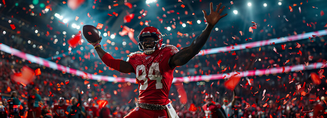 Red-clad football player celebrates scoring touchdown in packed Superbowl stadium - obrazy, fototapety, plakaty