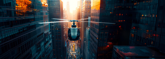 Urban Skyline: Black Helicopter Soars Amidst City Skyscrapers - obrazy, fototapety, plakaty