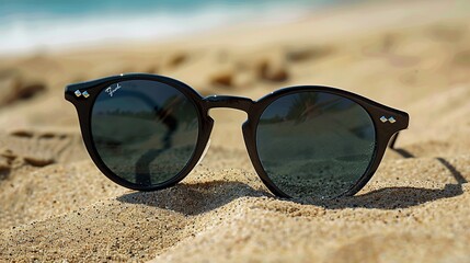 Close-up black sunglasses on sandy beach background - obrazy, fototapety, plakaty