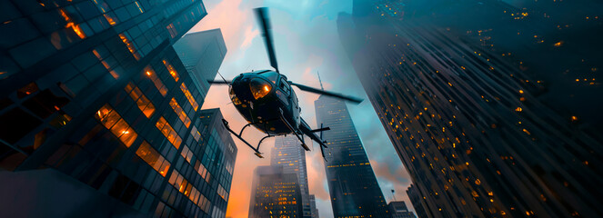 Urban Airscape: Black Helicopter Soars Among Skyscrapers in the City - obrazy, fototapety, plakaty