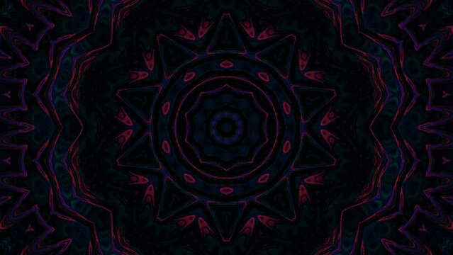 Abstract Kaleidoscope pattern with full colors. Magic mandala. 4k of smooth lines waves glittering light effect on round shape in center, black background 