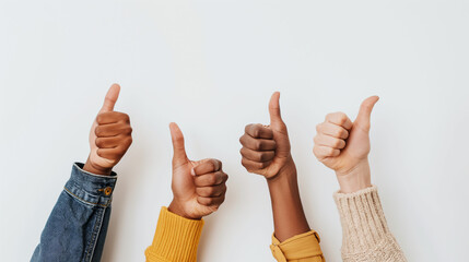 Diverse People Giving Thumbs Up. Four diverse hands giving a thumbs up gesture against a white background. - obrazy, fototapety, plakaty