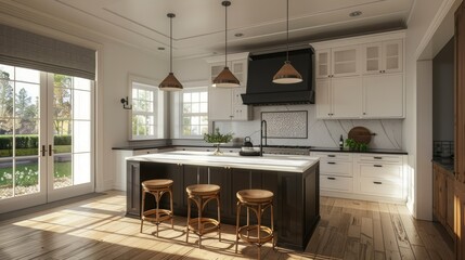 Beautiful white kitchen with dark accents in new modern farmhouse style luxury home, 3D rendering, generative AI