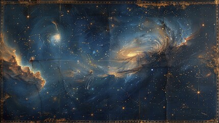 Immerse yourself in the captivating beauty of Celestial Deep Space adorned with a Constellation Chart border for astronomy enthusiasts. - obrazy, fototapety, plakaty