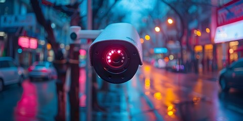 Enhancing City Street Security with CCTV Camera and Facial Recognition Technology. Concept Surveillance Technology, Crime Prevention, Facial Recognition, Urban Safety, Security Measures - obrazy, fototapety, plakaty