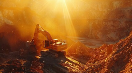 Portrait a yellow excavators in mines with sunlight